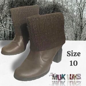 MUK LUKS Women's Chris Sweater Cuff Ankle Brown Booties with Heels Size 10